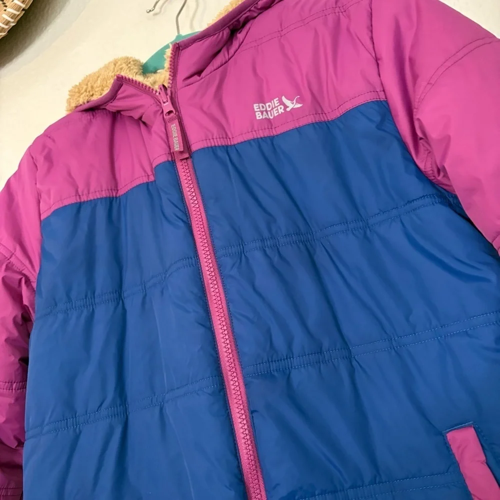 Eddie Bauer Kids Youth Reversible Jacket Girls Purple Blue Teddy